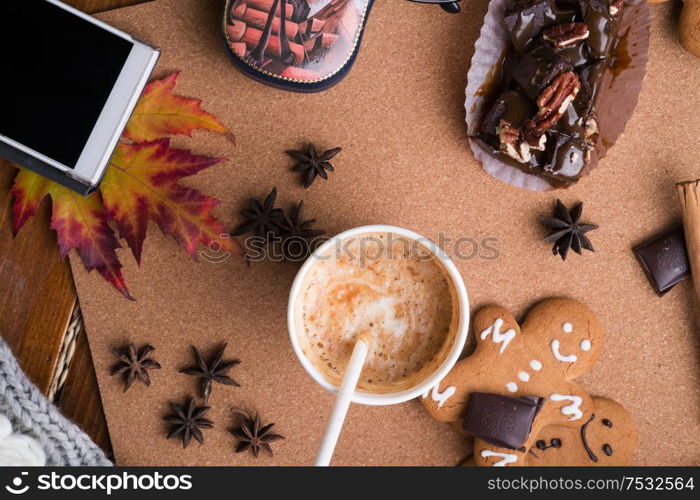 autumn cozy composition at wooden table. life style concept. flat lay