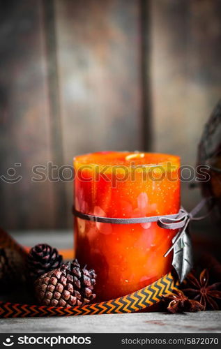 Autumn decoration on rustic background