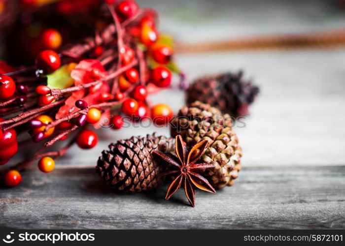 Autumn decoration on rustic background