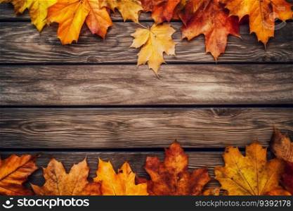 Autumn dry maple leaves lying on wooden boards, background with space for text, generative ai