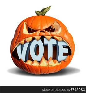 Autumn election vote symbol as a jack o lantern pumpkin biting into a 3D illustration of text as a presidential voting symbol or a seasonal fall voter icon or halloween costume contest.