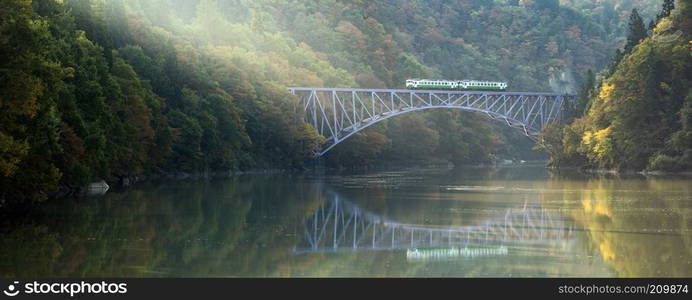 Autumn fall foliage Fukushima First Bridge View Point daiichi kyouryou in Mishima Fukushima Japan panorama