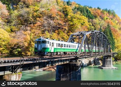 Autumn fall foliage Fukushima Tadami Black Bridge View Point in Fukushima Japan. Fukushima Black Bridge Tadami River Japan