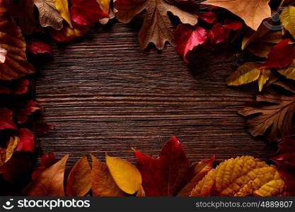Autumn fall frame golden red leaves on wood background copy space
