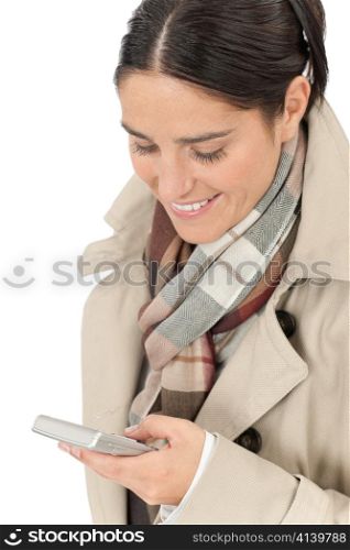 Autumn fashion pretty business woman portrait with phone typing