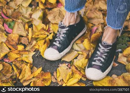 autumn - feet in sneakers on yellow fallen leaves