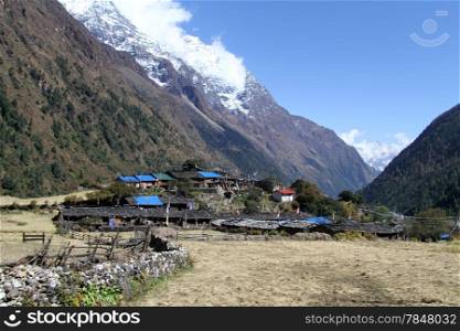 Autumn field and village in mountain in Nepal