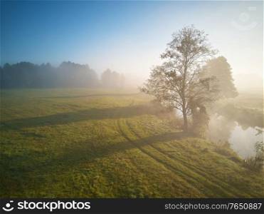 Autumn foggy sunrise. Colorful misty morning dawn. Fall rural scene. Small river with trees in meadow and field, Belarus