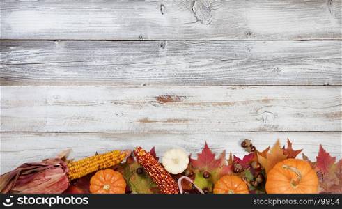 Autumn foliage with pumpkins, gourds, corn and acorns for Thanksgiving and fall holidays. Bottom border background with plenty of copy space