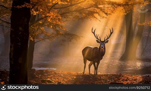 Autumn forest background with deer. Illustration Generative AI
