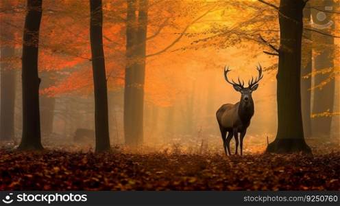 Autumn forest background with deer. Illustration Generative AI
