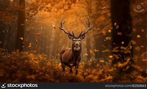 Autumn forest background with deer. Illustration Generative AI 