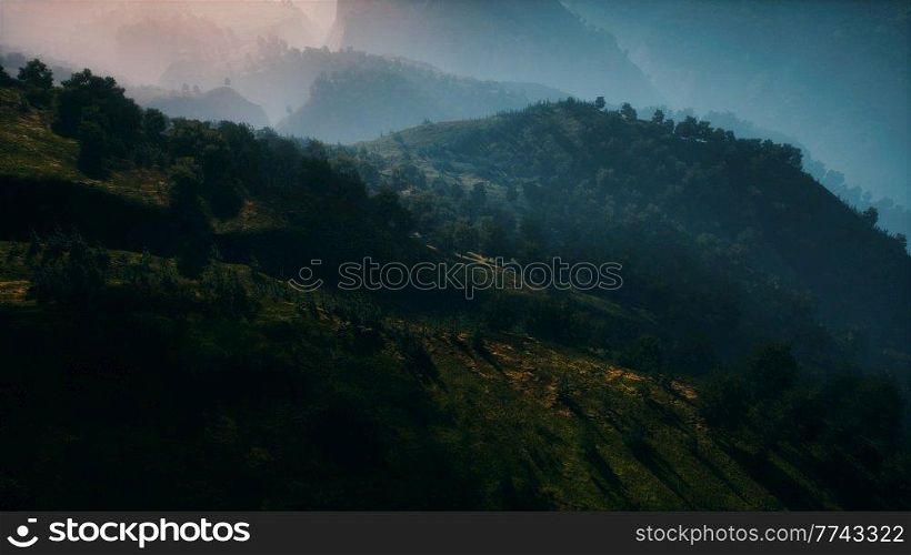 autumn forest on green rocky hills