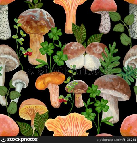 Autumn forest seamless pattern. Different mushrooms and forest plants on a black background. Colorful botanical wallpaper. Realistic acrylic drawing. Vintage style.