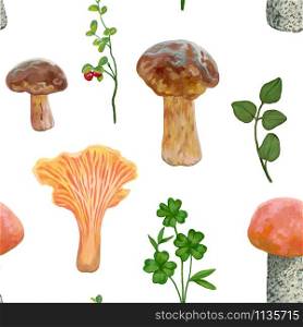 Autumn forest seamless pattern. Different mushrooms and forest plants on a white background. Colorful botanical wallpaper. Realistic acrylic drawing. Vintage style.
