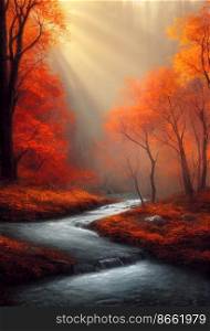 Autumn forest with river 3d illustrated