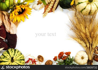 Autumn frame over white. Thanksgiving day, harvesting or autumn concept (with easy removable sample text)