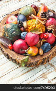 Autumn fruits and pumpkins with fallen leaves.Autumn harvest. Beautiful autumn composition