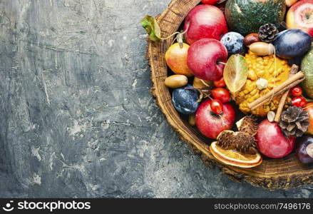 Autumn fruits and pumpkins with fallen leaves.Autumn harvest. Fruit autumn composition