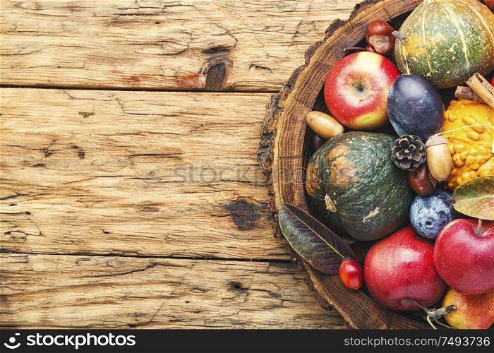 Autumn fruits and pumpkins with fallen leaves.Autumn harvest on wooden table. Beautiful autumn composition