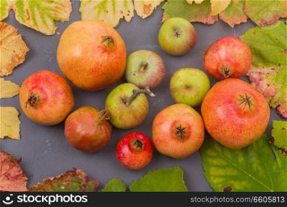 Autumn fruits still life among leaves on wooden table