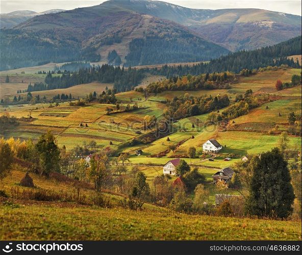 Autumn garden in Carpathian mountains. Orchard on the fall hills