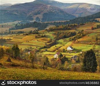 Autumn garden in Carpathian mountains. Orchard on the fall hills