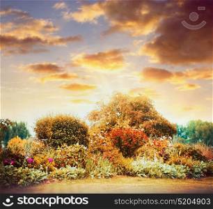 Autumn garden sunset landscape with beautiful sky