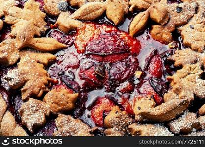 Autumn german pie with plum.Tart with fresh plums.Fruit summer cake.Food background. Homemade plum cake,close up