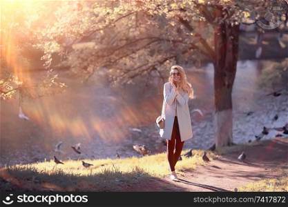 autumn girl / portrait of a girl in an autumn city park, walk happy weekend female portrait