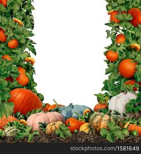 Autumn harvest blank frame as a pumpkin farm border design with squash harvested as an outdoor farmers market with fresh fruit as a seasonal display in the fall and a thanksgiving symbol.