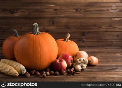 Autumn harvest on wooden table. Autumn harvest still life with pumpkins, apples, hazelnut, corn, ginger, onion and cinnamon on wooden background