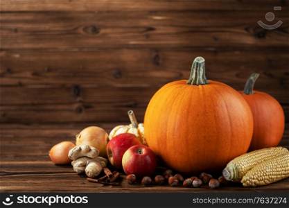 Autumn harvest still life of pumpkins, apples, hazelnut, corn, ginger, onion and cinnamon on wooden background with copy space for text. Autumn harvest with pumpkins