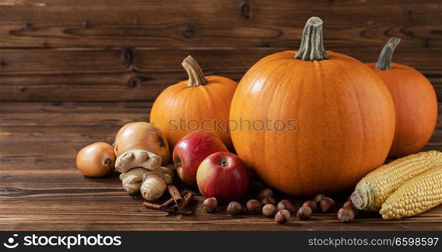 Autumn harvest still life with pumpkins , apples , hazelnut , corn , ginger , onion and cinnamon on wooden background. Autumn harvest on wooden table