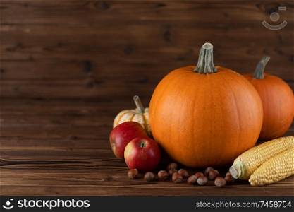 Autumn harvest still life with pumpkins, apples, hazelnut, corn on wooden background. Autumn harvest on wooden table