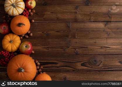 Autumn harvest still life with pumpkins, apples, hazelnuts and rowanberry on wooden background, top view. Autumn harvest on wooden table