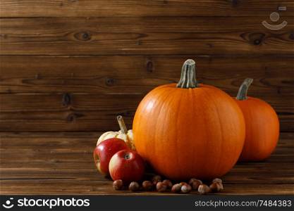 Autumn harvest still life with pumpkins , apples , hazelnuts on wooden background. Autumn harvest on wooden table