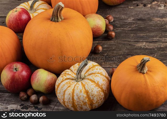 Autumn harvest still life with pumpkins , apples , hazelnuts on wooden background , top view. Autumn harvest on wooden table