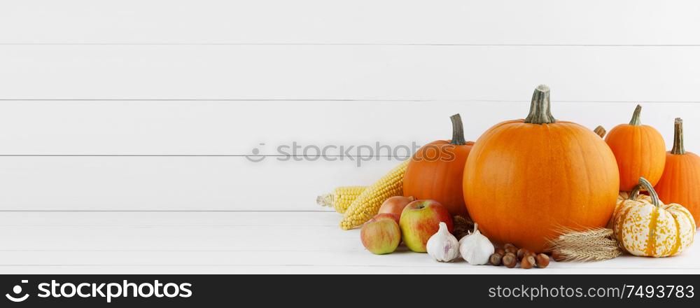 Autumn harvest still life with pumpkins, wheat ears, corn, garlic, onion and apples on wooden background. Autumn harvest on wooden table