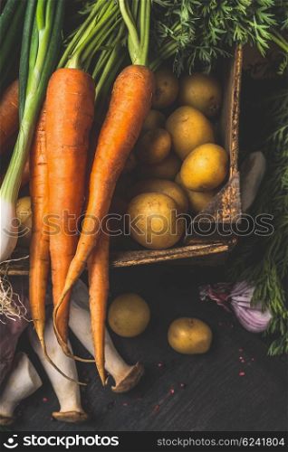 Autumn harvest vegetables for tasty vegetarian cooking on dark rustic background, top view, close up