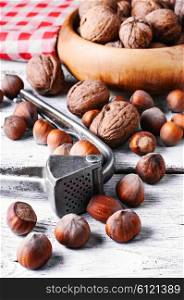 Autumn harvest walnuts and hazelnuts on wooden background. nutcracker with hazelnuts