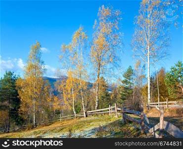 Autumn hoarfrost on mountain village outskirts glade