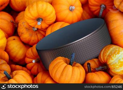 Autumn hockey season concept as a group of pumpkins with a black ice puck as a symbol for halloween sports and fall and winter sporting events on a white background.