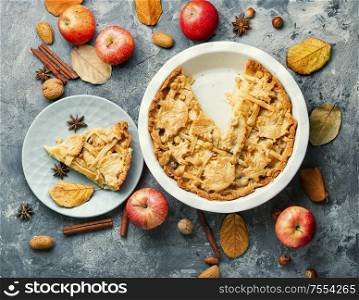 Autumn homemade pie with ripe apples.American apple dessert. Homemade autumn pie.