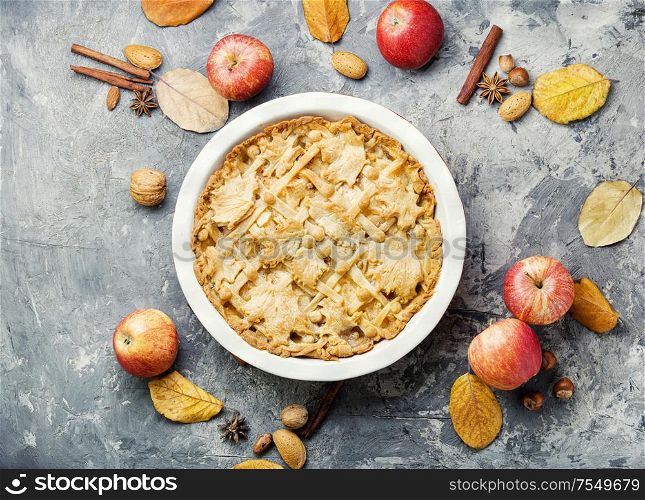 Autumn homemade pie with ripe apples.American pie.. Homemade autumn pie.
