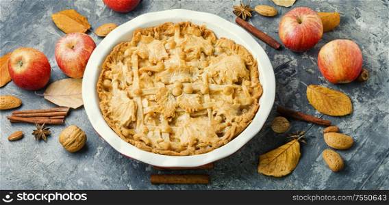Autumn homemade pie with ripe apples.American pie.. Traditional american apple pie.