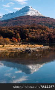 Autumn in Patagonia. Cordillera Darwin, part of Andes range, Isla Grande de Tierra del Fuego, Chilean territory, view from the Argentine side