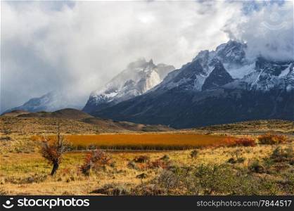 Autumn in Patagonia. The Torres del Paine National Park in the south of Chile is one of the most beautiful mountain ranges in the world.