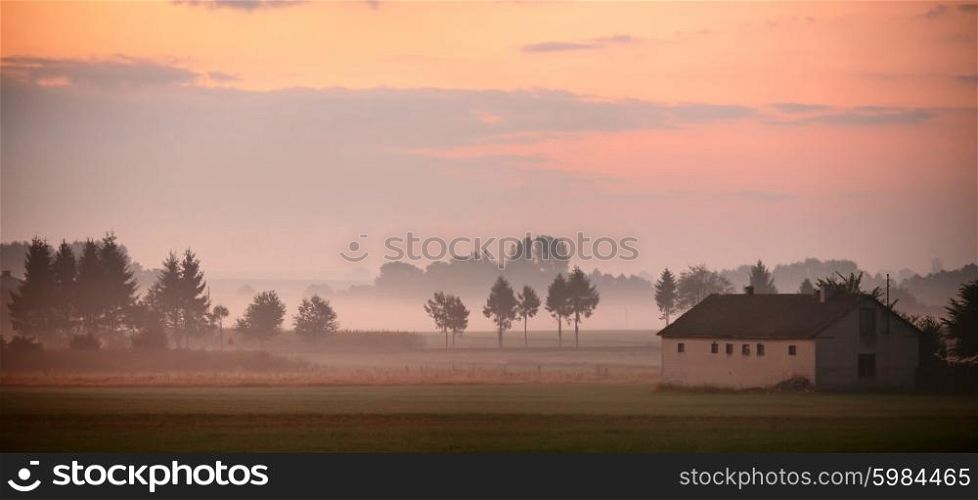 Autumn in Poland. Autumn foggy morning. September dawn in Poland