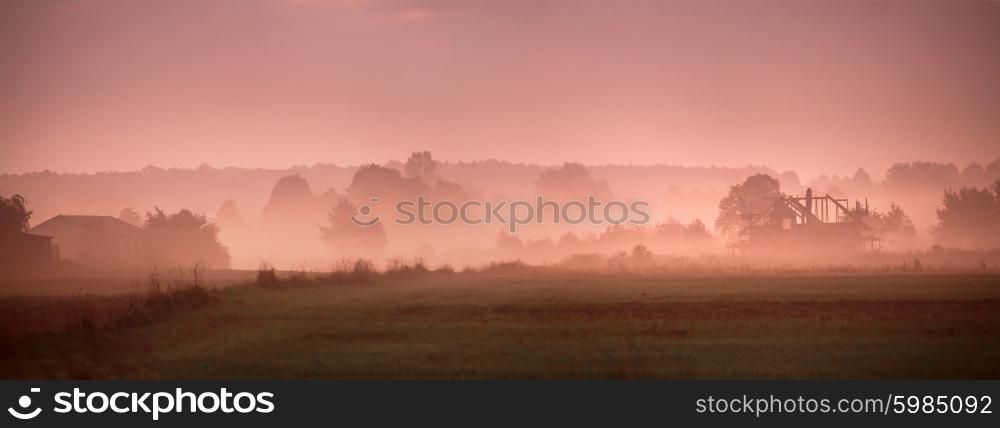 Autumn in Poland. Autumn foggy morning. September dawn in Poland
